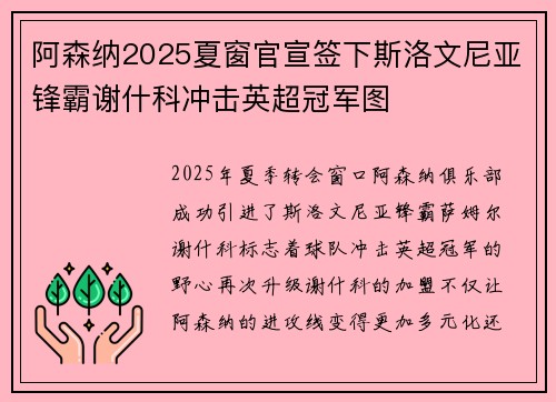 阿森纳2025夏窗官宣签下斯洛文尼亚锋霸谢什科冲击英超冠军图